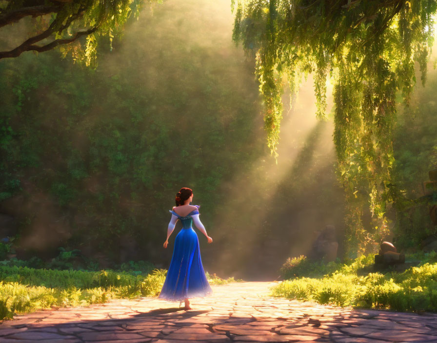 Woman in Blue Dress on Cobblestone Path in Sunlit Forest