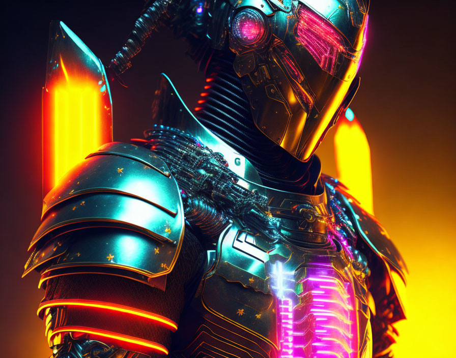 Detailed futuristic armored robot with red and orange accents and neon lighting on dark background