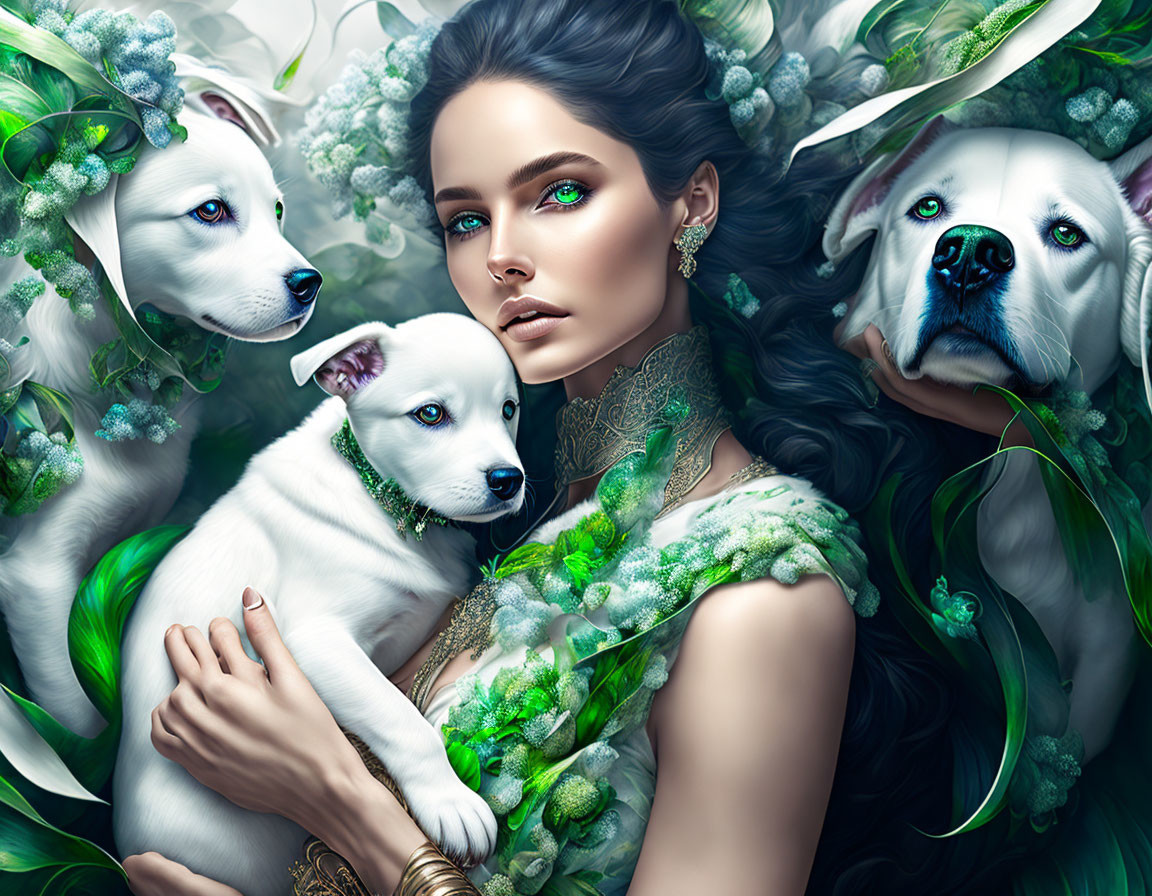 Woman with Striking Green Eyes Surrounded by White Dogs in Serene Fairytale Setting