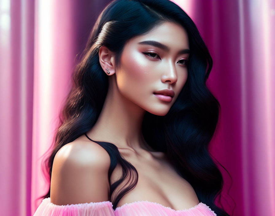 Wavy hair woman in off-shoulder top against pink curtains