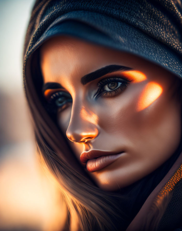 Close-up Portrait of Woman with Striking Makeup in Warm Sunlight