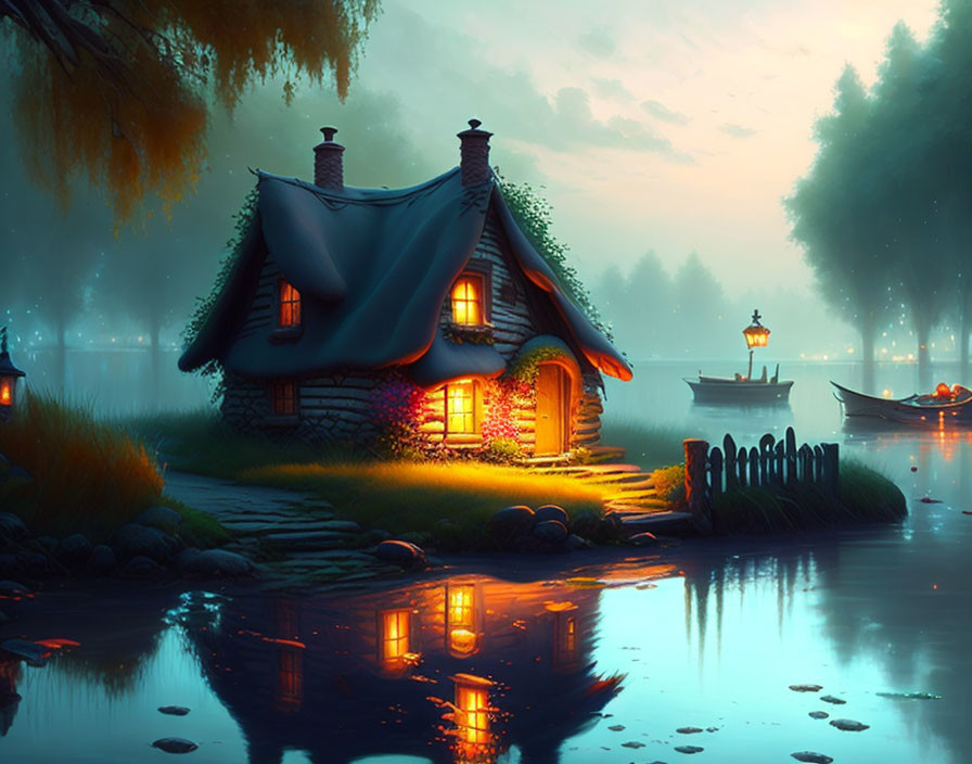 Cozy lakeside cottage at twilight with warm glowing lights and boat by trees