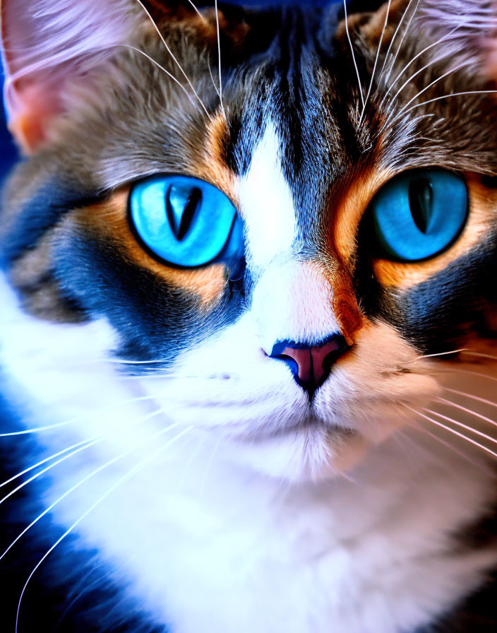 Striking blue-eyed cat with multicolored fur