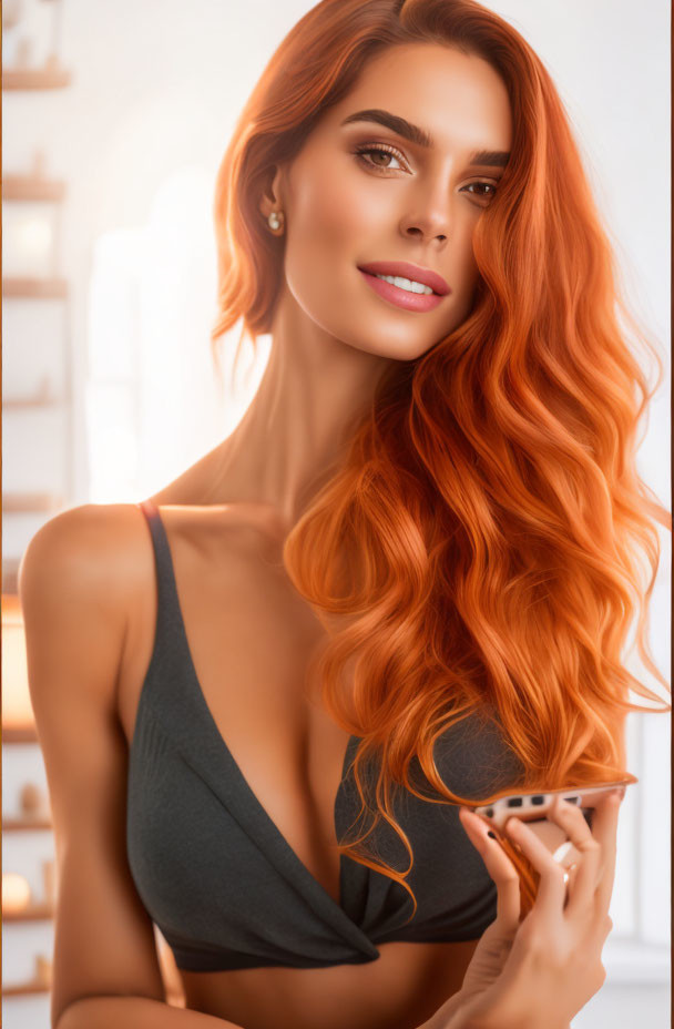 Red-haired woman in dark v-neck top with subtle smile in warmly-lit room