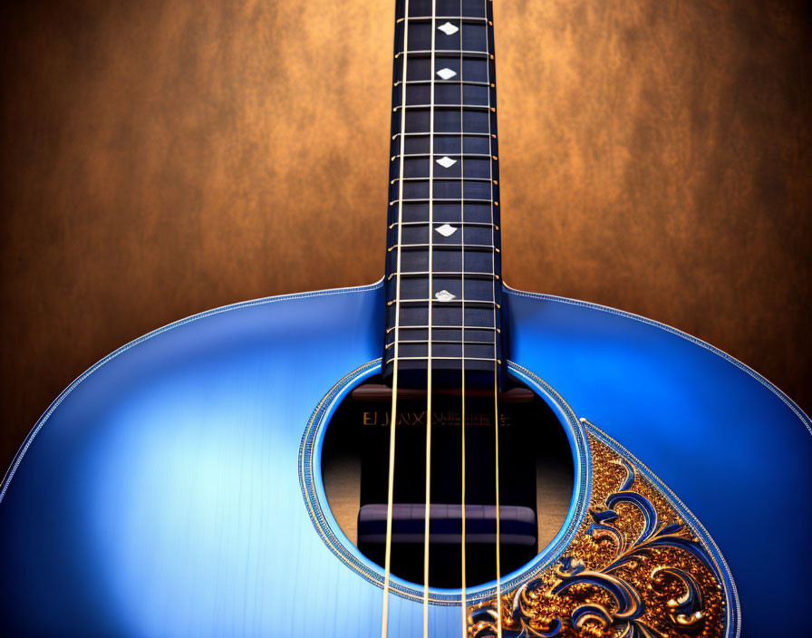 Blue Acoustic Guitar with Rosette, Fretboard, and Inlays on Brown Background