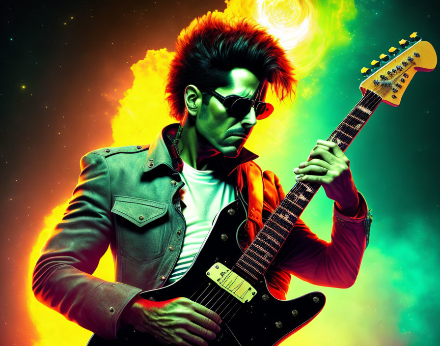 Colorful Image: Stylish man with mohawk playing electric guitar in vibrant neon setting.