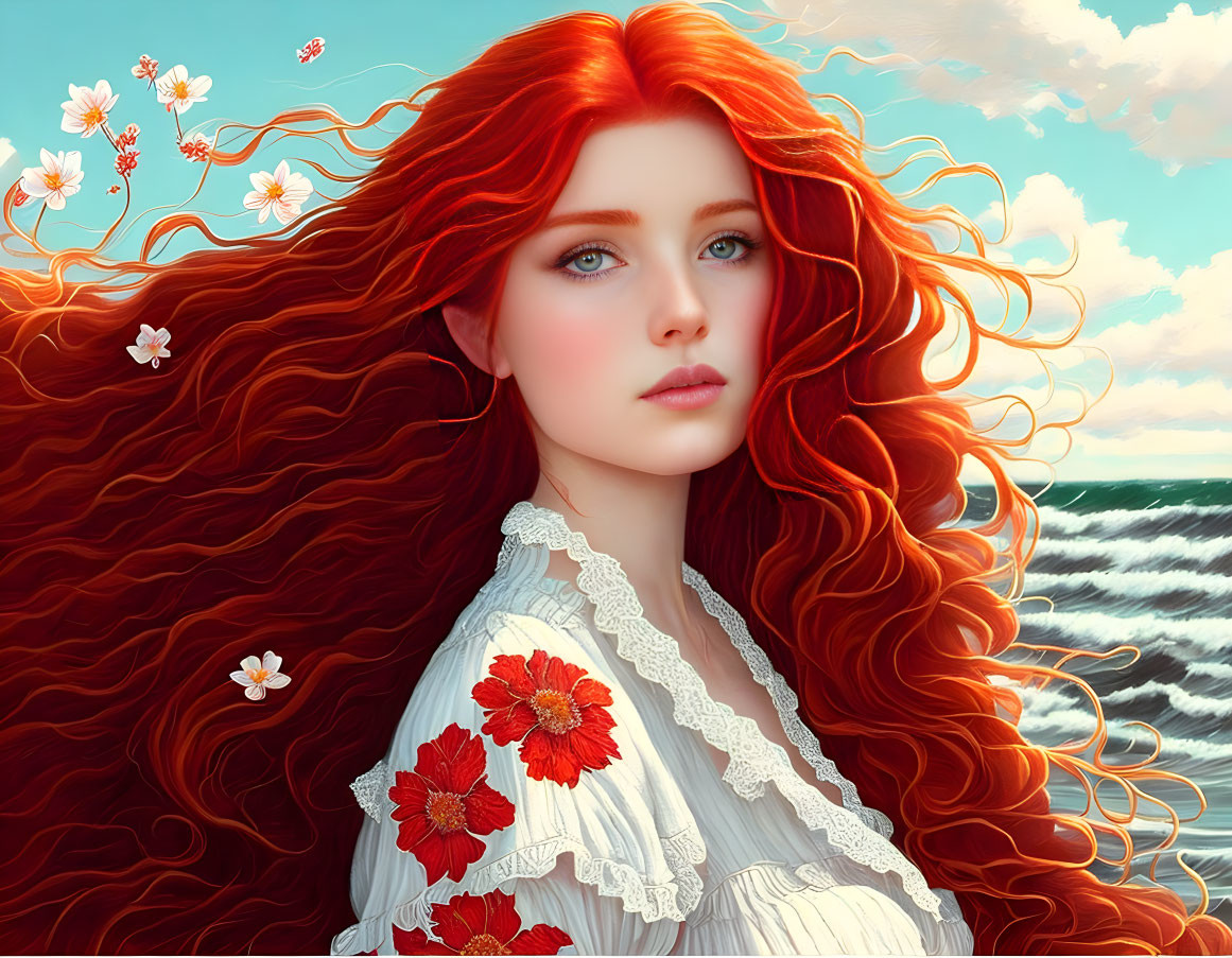 Digital portrait of a woman with red hair and blue eyes, adorned with white flowers against a seascape