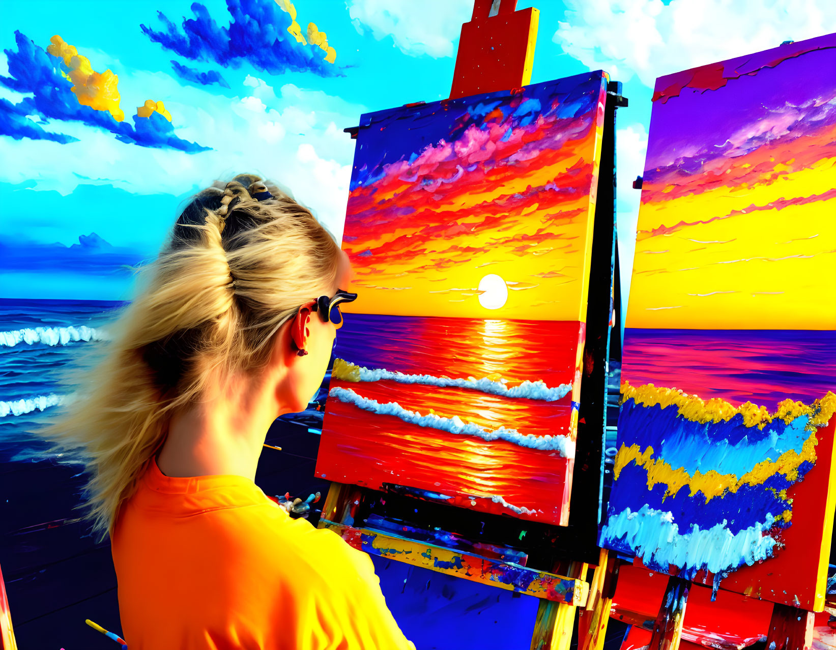 Yellow-shirted person painting vibrant sunset seascape on canvas against picturesque background