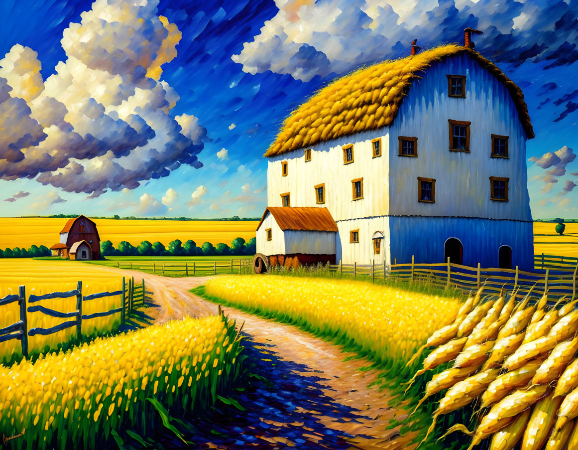 Vibrant painting of blue farmhouse in golden wheat fields