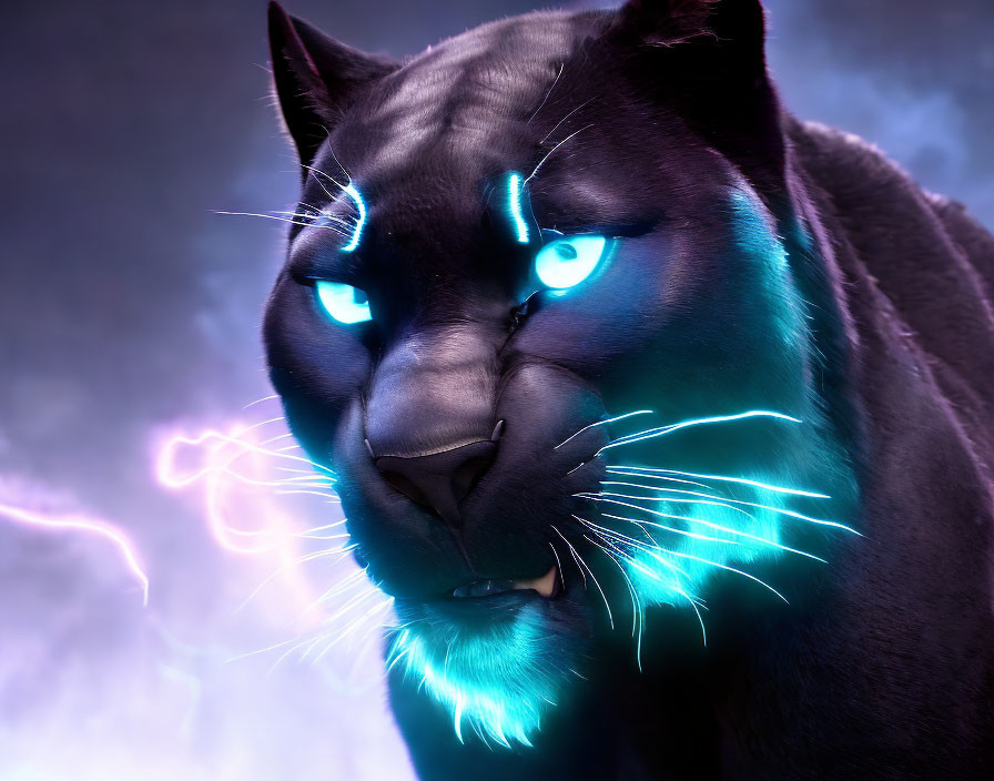 Digital Artwork: Black Panther with Glowing Blue Eyes on Moody Purple Background