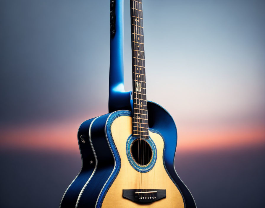 Blue acoustic guitar on gradient background from blue to warm sunset hues