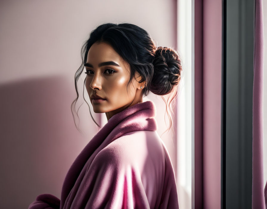 Woman in pink coat with updo gazes out window in soft light