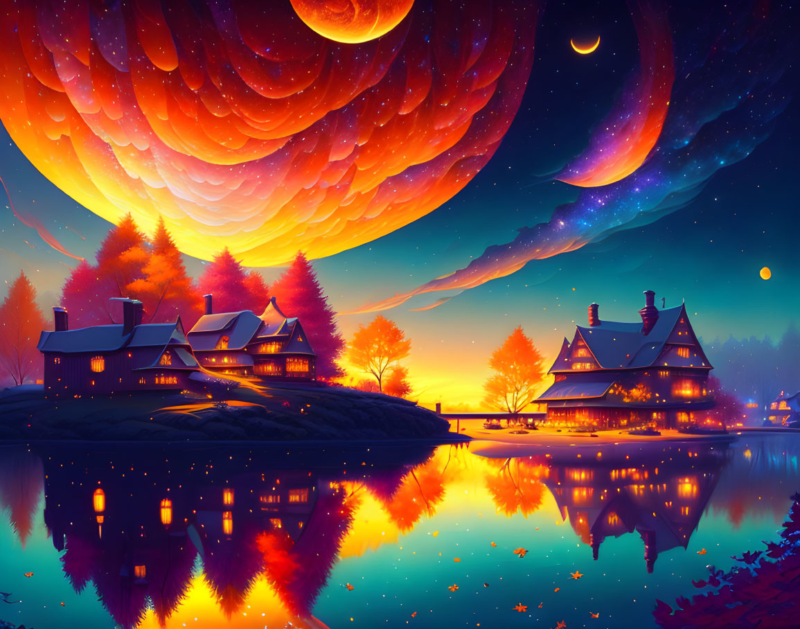 Colorful Sky Over Lake with Illuminated Houses & Giant Planet