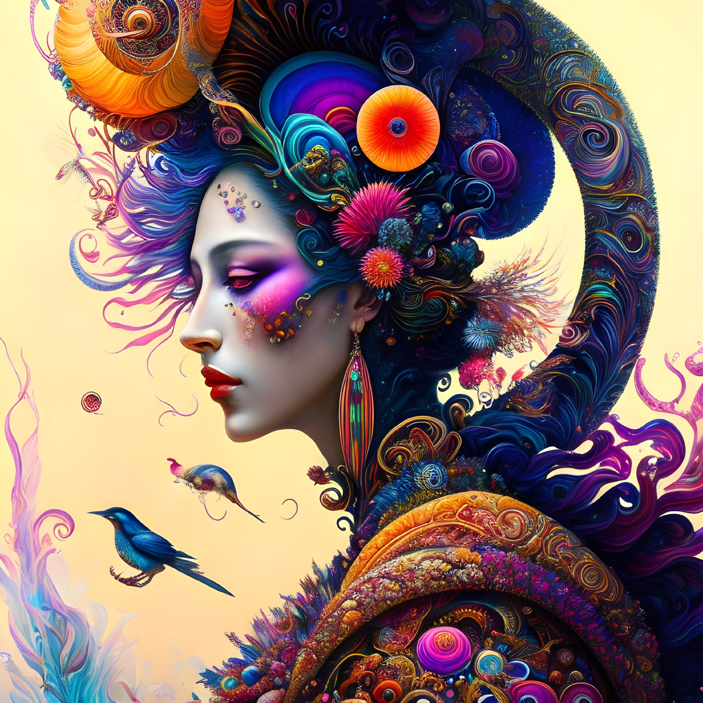 Colorful surreal portrait of a woman with swirling patterns and birds