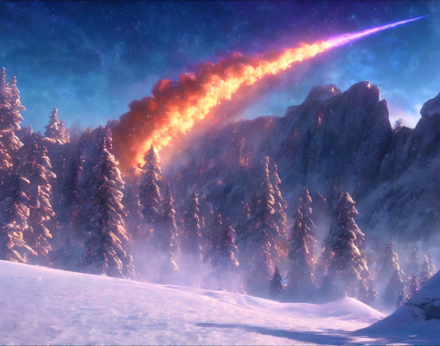 Bright Comet Soars Over Snowy Landscape