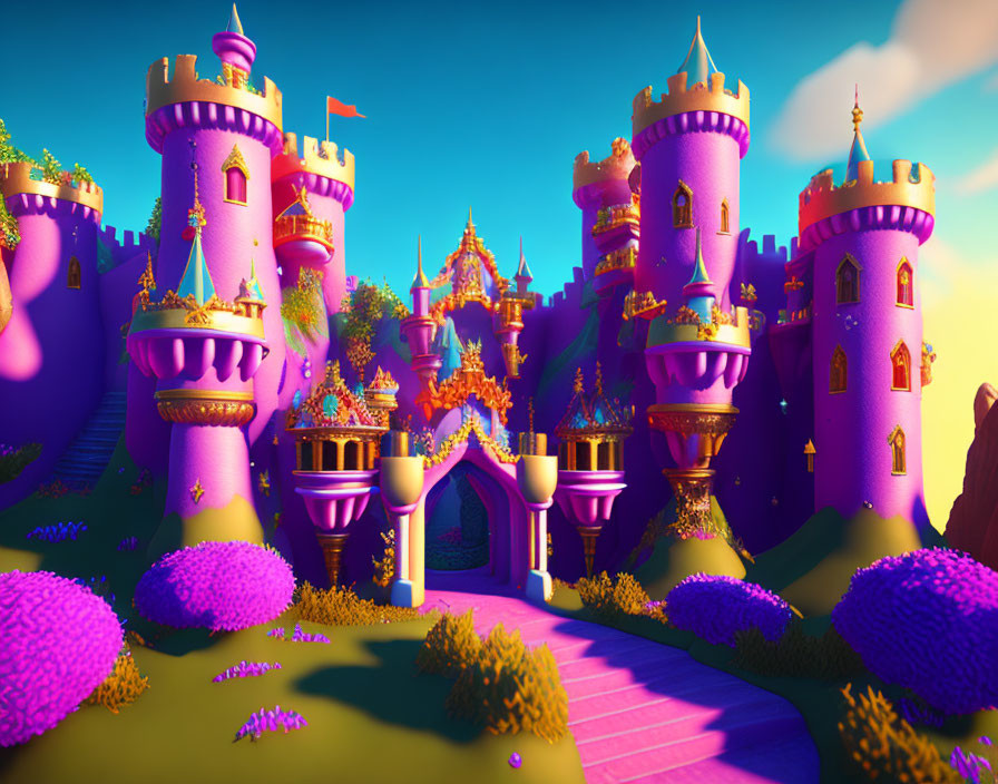 Fantasy landscape with purple castles, golden accents, whimsical towers, pink path, lush green