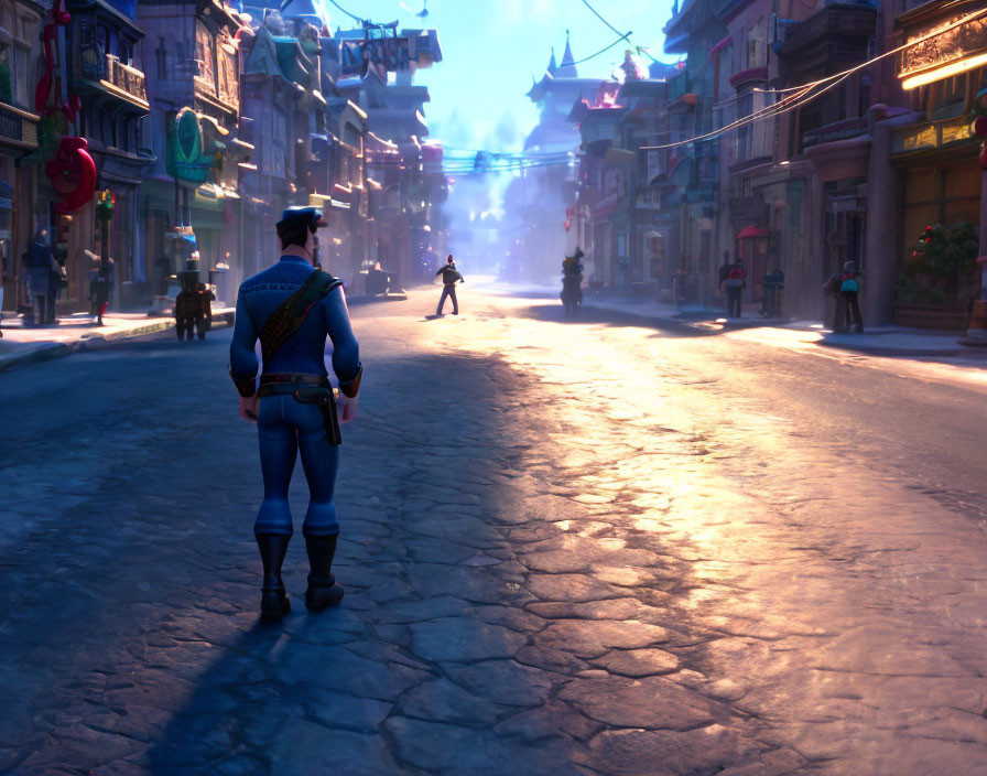 Character in blue uniform walking in sunlit town street.