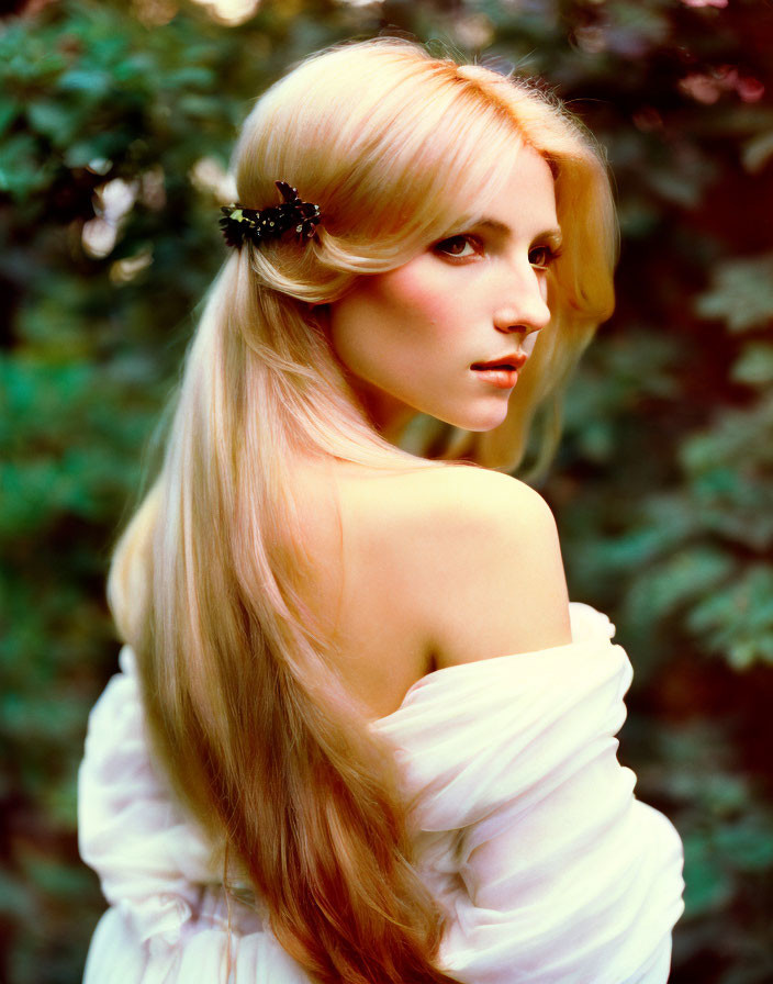 Blonde woman with hair accessory gazing over shoulder on green backdrop