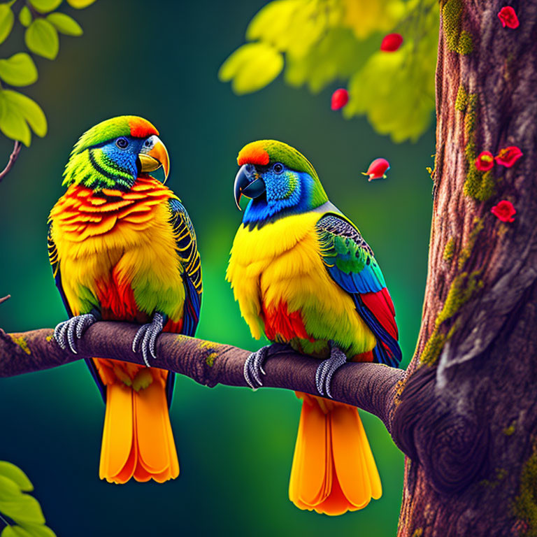 Colorful Parrots Perched on Branch with Green Foliage