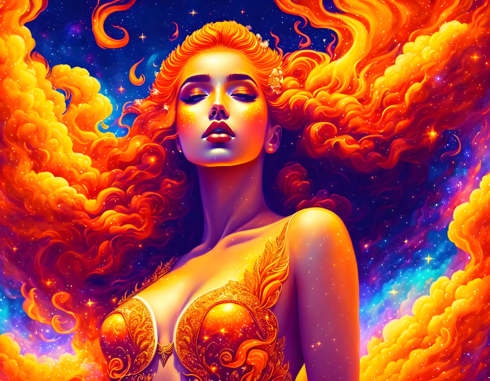 Vivid artwork: Woman with fiery orange hair in cosmic background