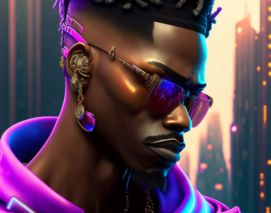 Digital portrait of a man in sunglasses, gold earrings, purple jacket, cityscape backdrop