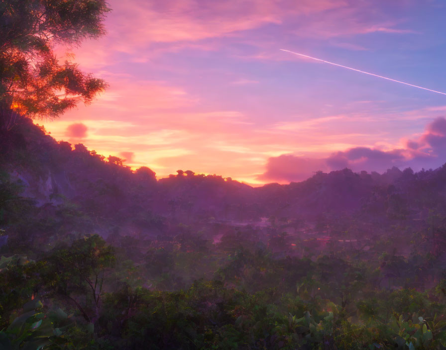 Tranquil forest sunrise with pink and purple skies