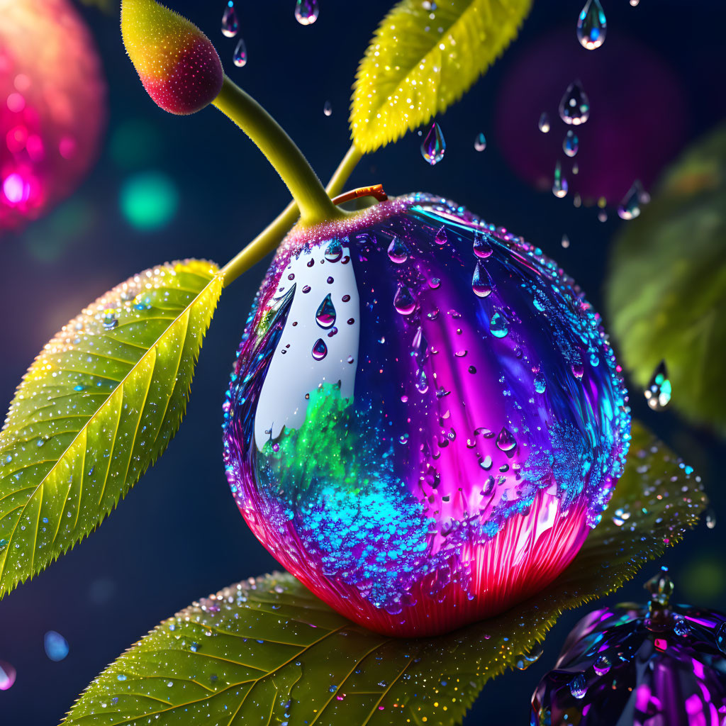 Digitally-altered vibrant apple with iridescent surface among green leaves.