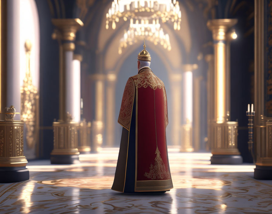 Regal red and gold king's cape in grand hall with columns and throne