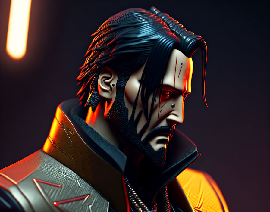 Male cyberpunk character: 3D illustration with dark hair, glowing eyes, futuristic attire