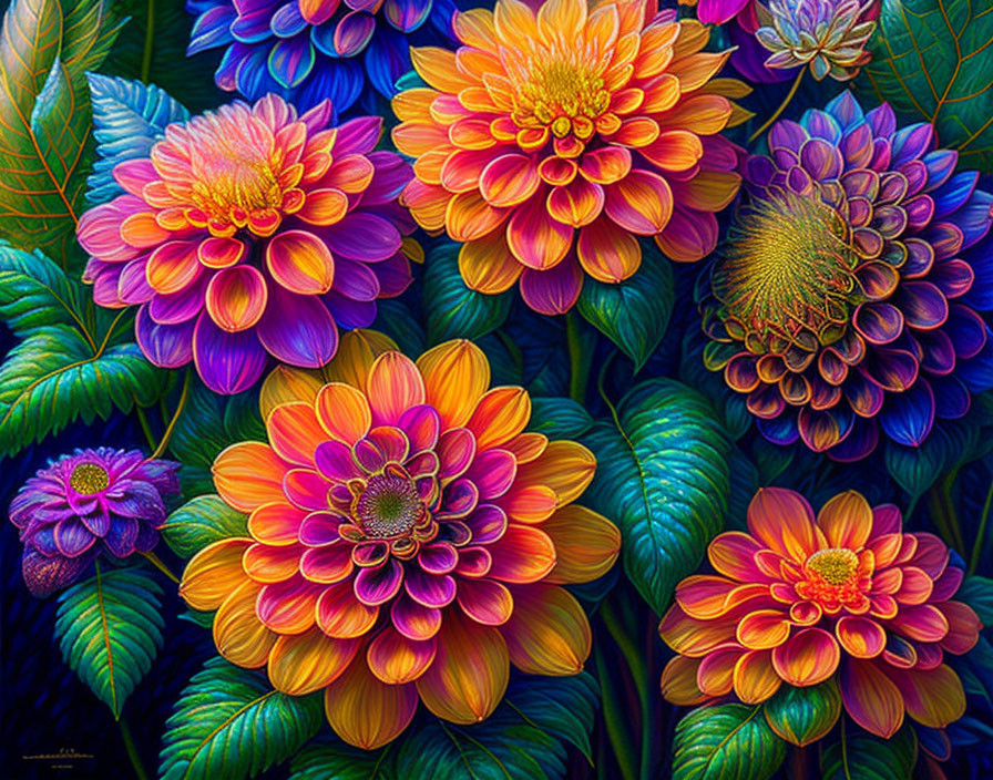 Colorful digital artwork of lush flowers and intricate petals in vibrant hues.