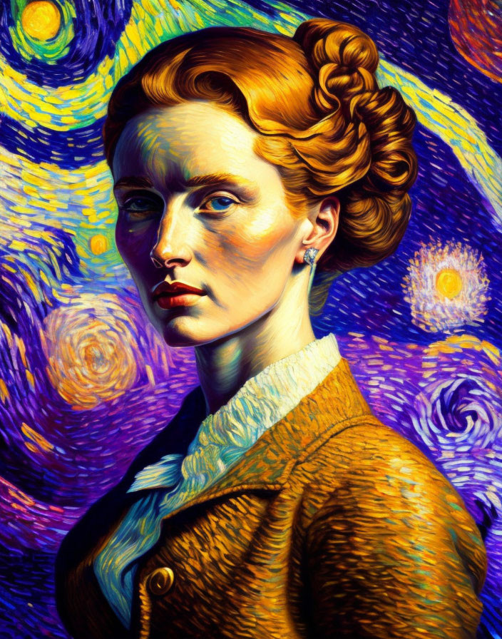 Impressionistic painting of woman with Starry Night theme