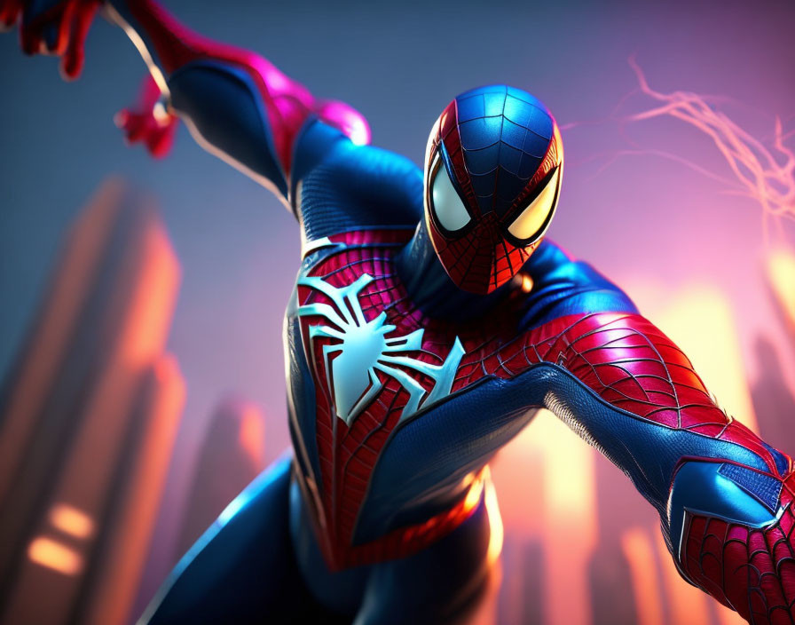 Dynamic Spider-Man digital artwork against city backdrop.