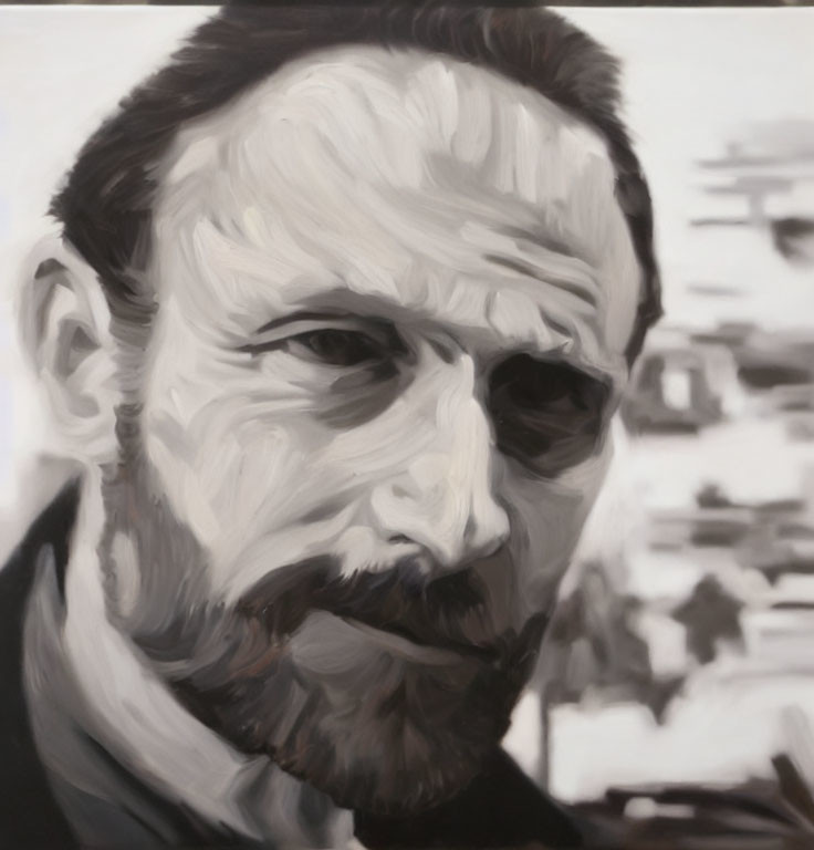 Monochrome painting of a pensive bearded man with blurred background