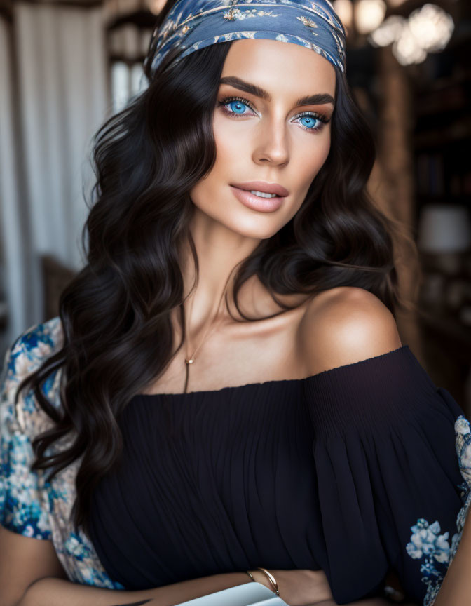 Blue-eyed woman with curly hair in headband and off-shoulder top in room pose.