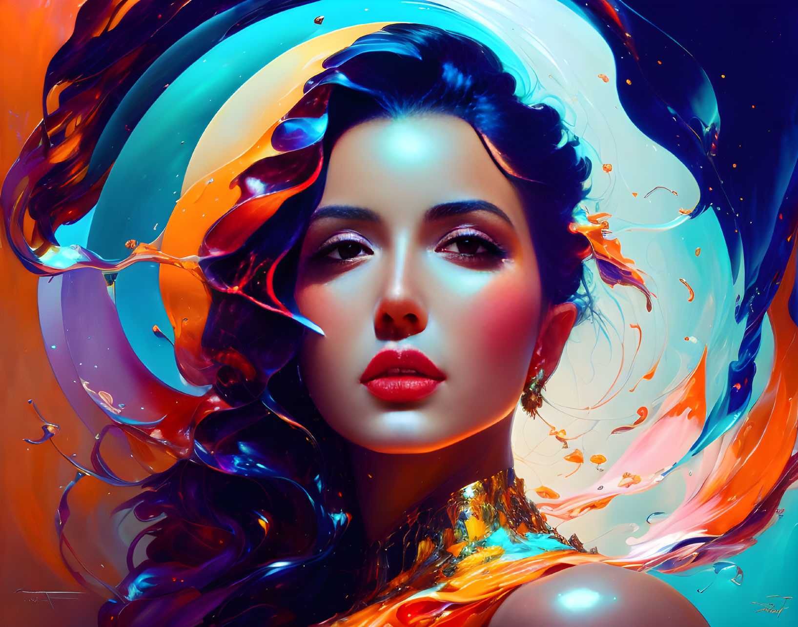 Colorful digital artwork: Woman with multicolored hair blending into abstract splash