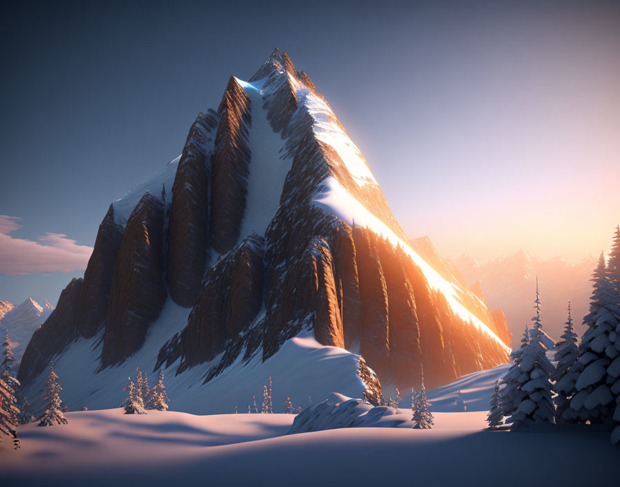 Snow-Capped Mountain Peak at Sunrise with Winter Forest