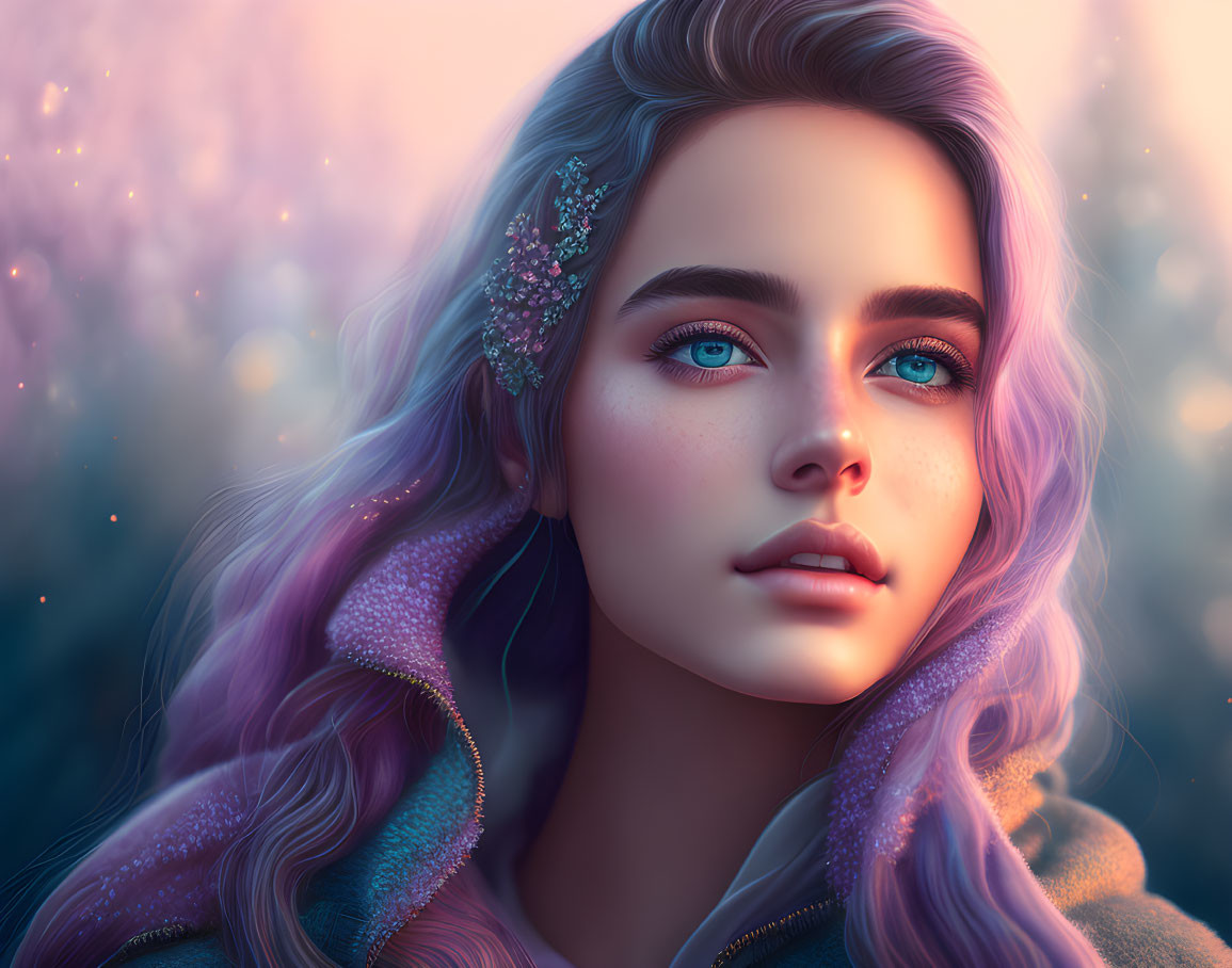 Digital Artwork: Woman with Blue Eyes and Purple Hair on Pink Background