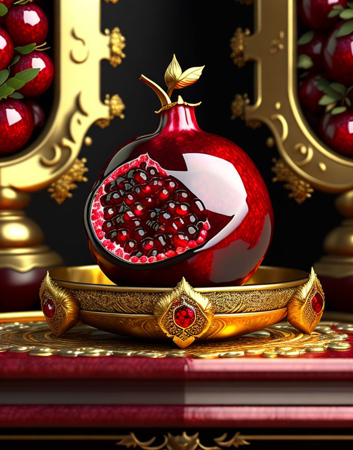 Stylized digital artwork of split pomegranate with seeds on golden tray.