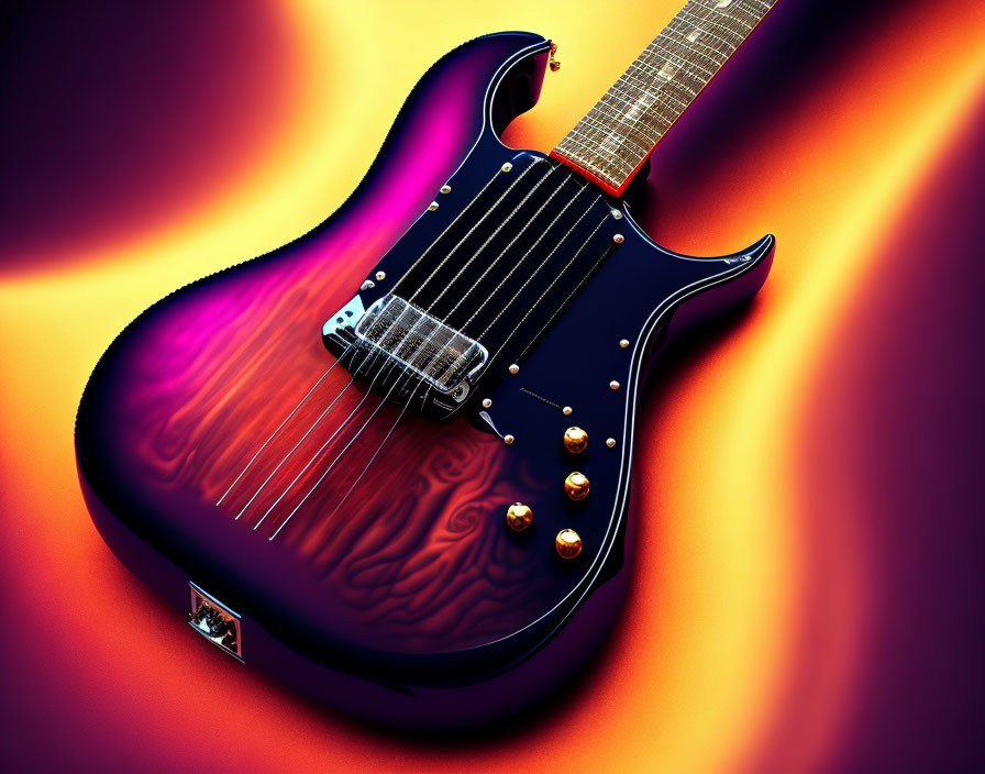 Purple and Black Electric Guitar with Sunburst Design on Orange Gradient Background