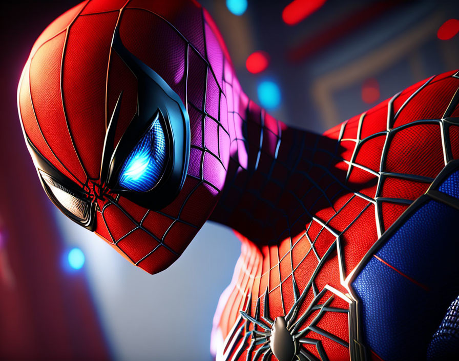 Detailed Spider-Man Suit Texture Close-Up with Blurred Background