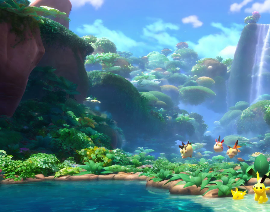 Colorful Animated Landscape with Waterfall and Pikachu Characters