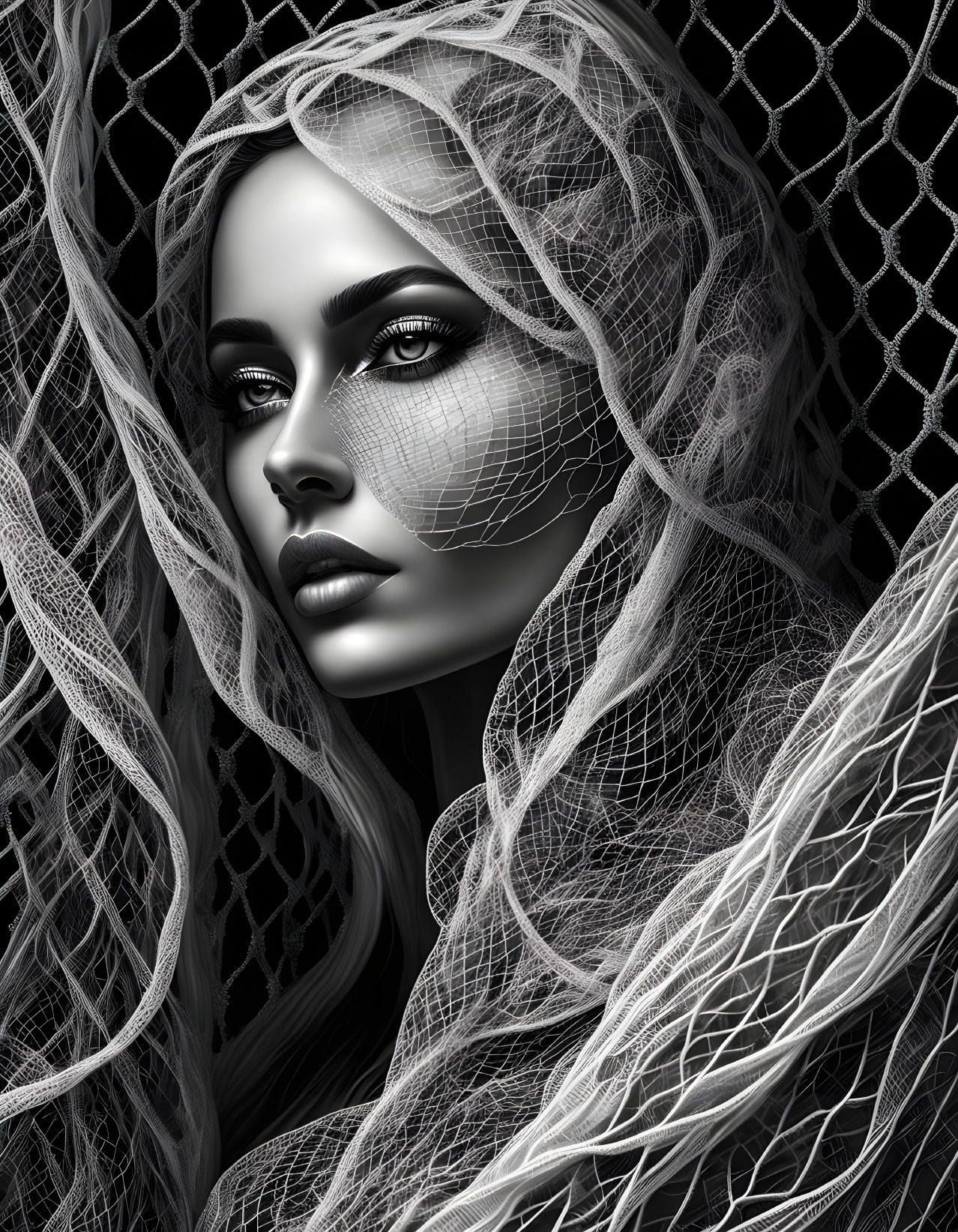 Monochrome portrait of woman with dark makeup and netted veil