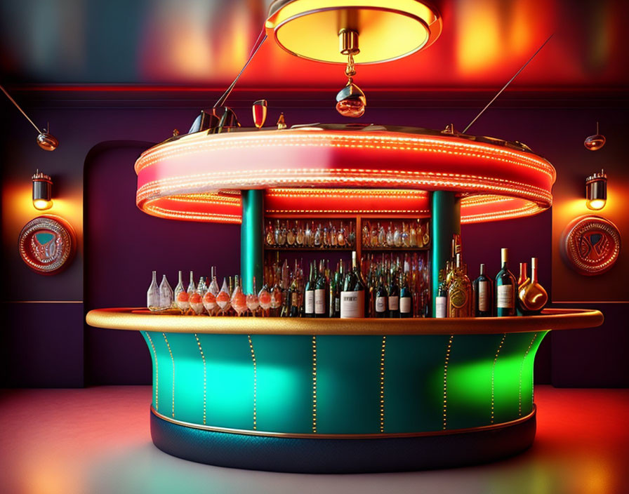 Retro-futuristic bar with neon lights and elegant glassware