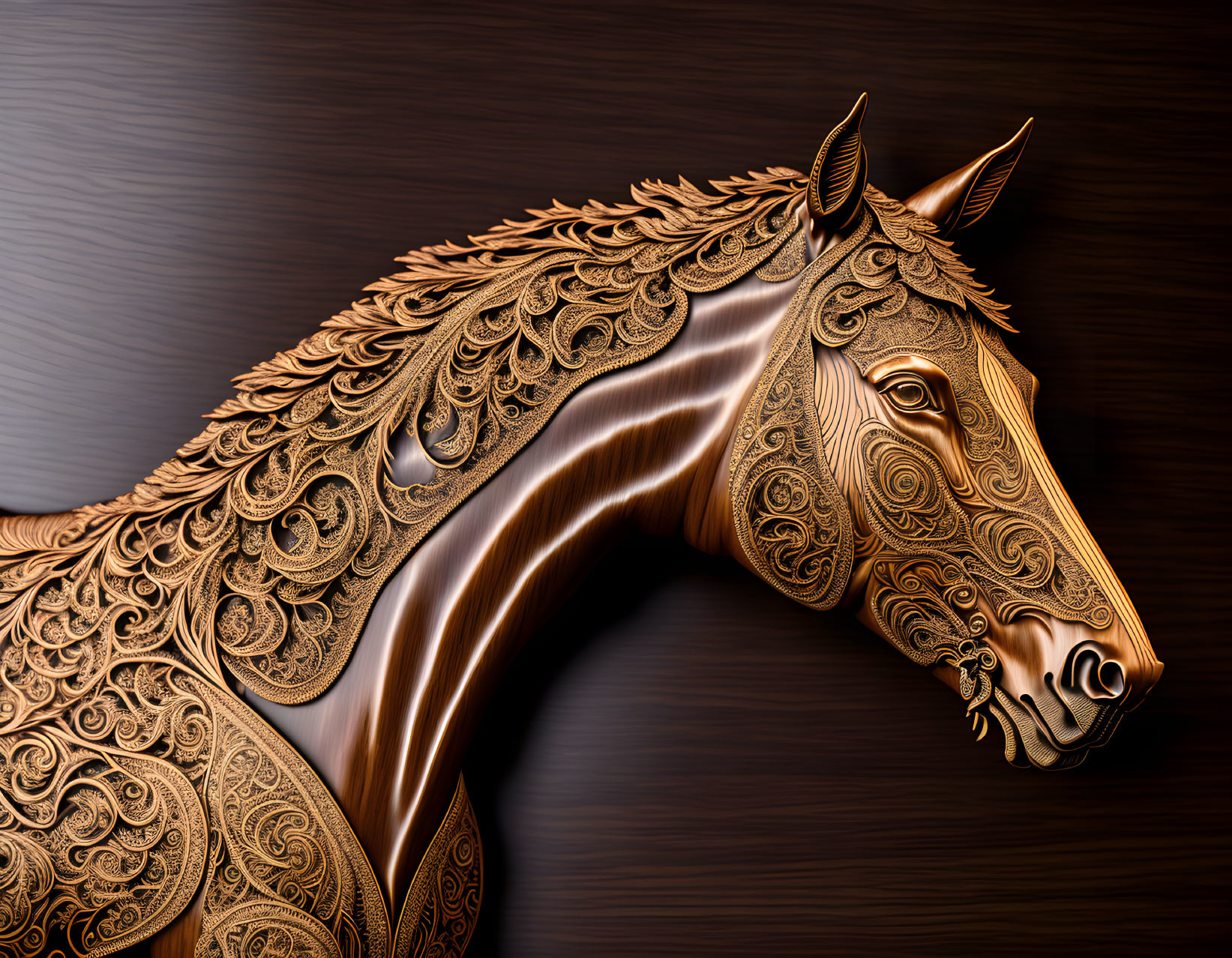 Detailed Floral Patterns on Carved Wooden Horse Against Dark Wood Grain