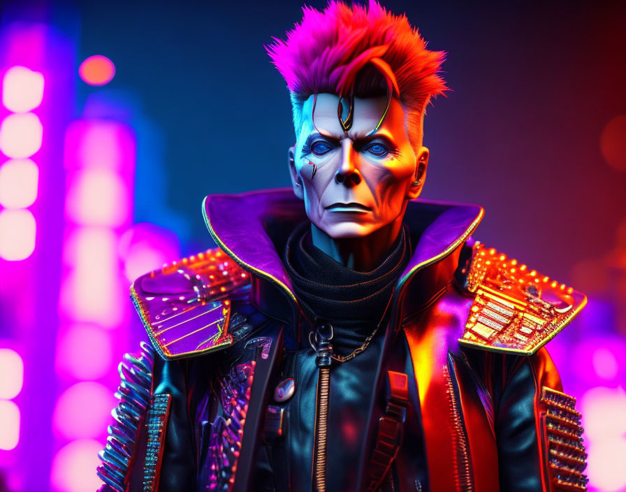 Vibrant punk-style hair, heavy makeup, studded leather jacket in neon-lit scene