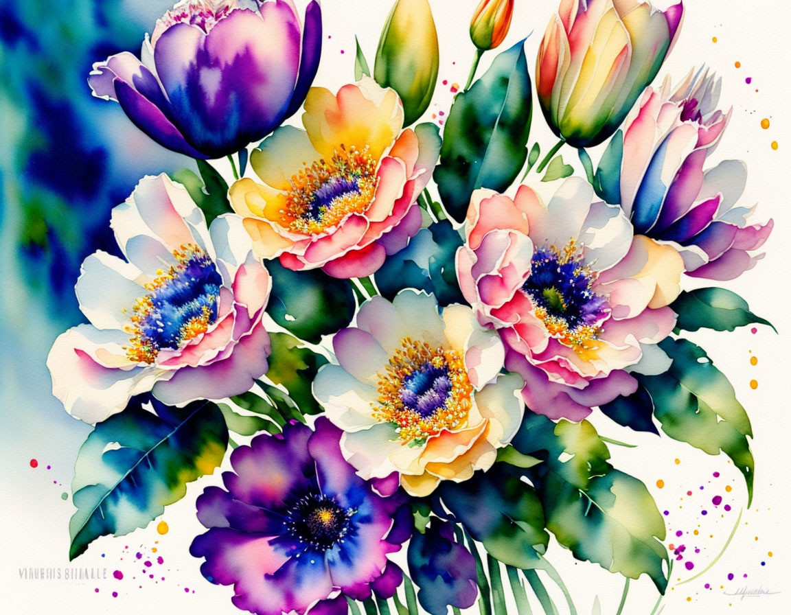 Colorful watercolor painting of blooming flower bouquet