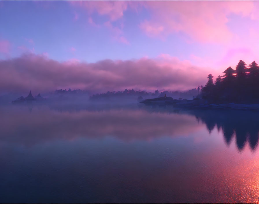 Tranquil pink and blue lake scene at dawn or dusk