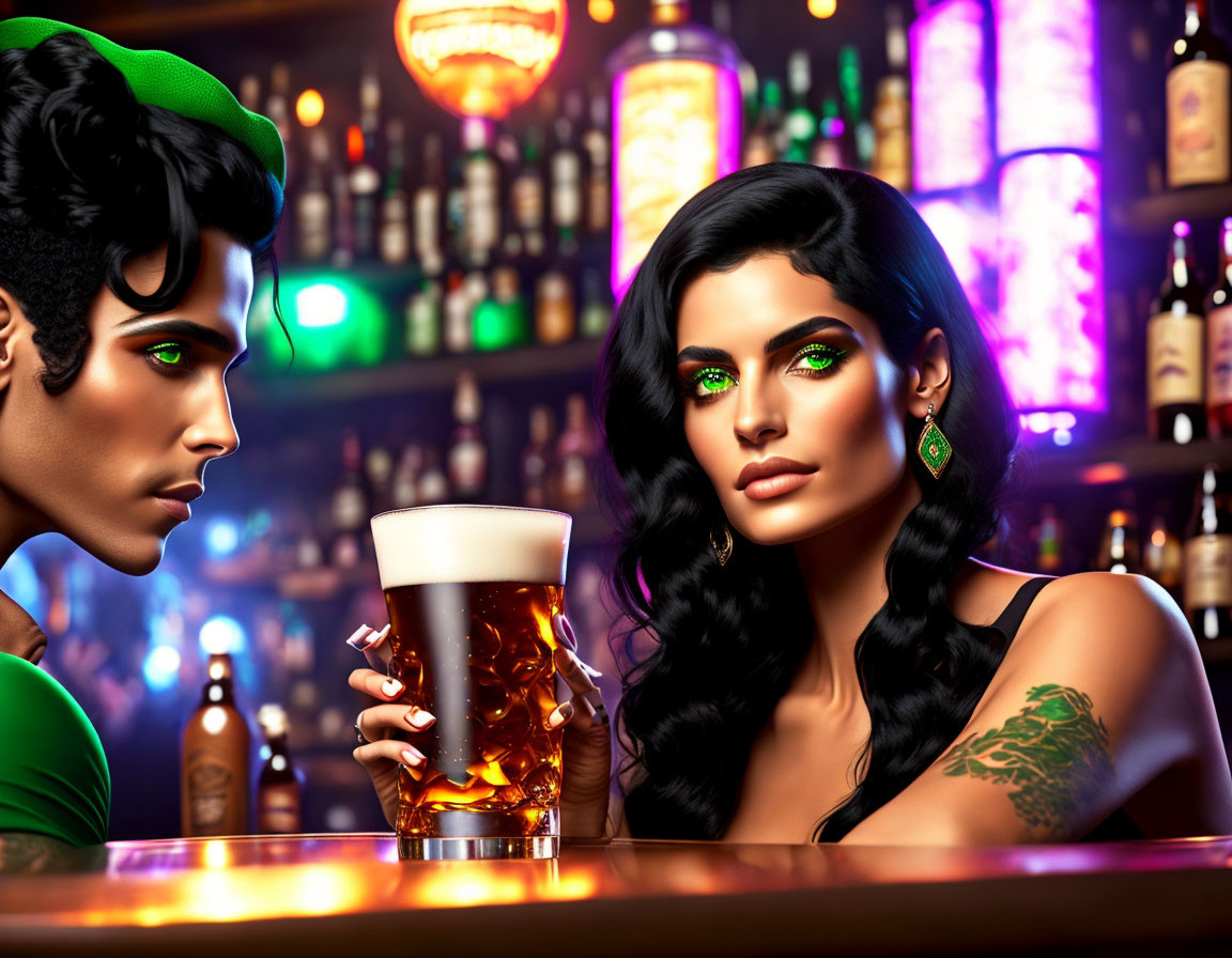 Two individuals with vibrant green eye makeup posing in a bar setting.