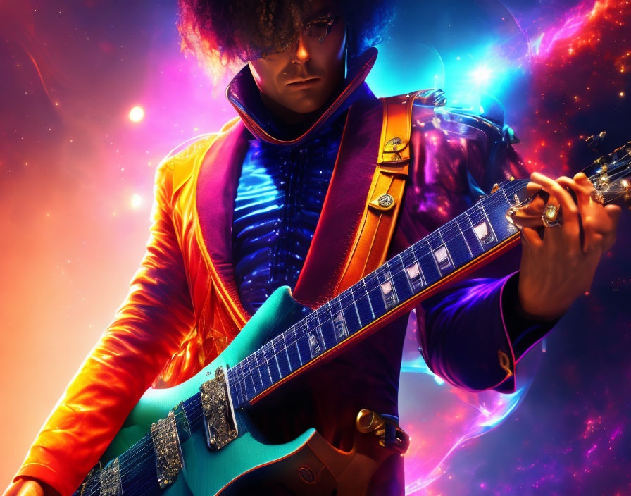 Vibrant guitarist with afro in cosmic setting