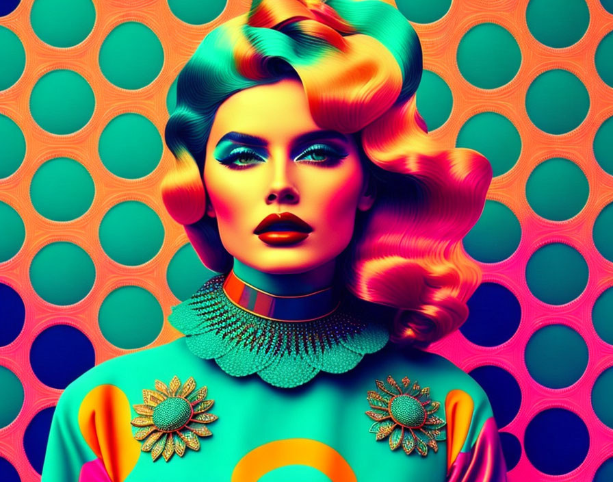 Vibrant digital artwork: Woman with stylized hair and makeup on geometric backdrop